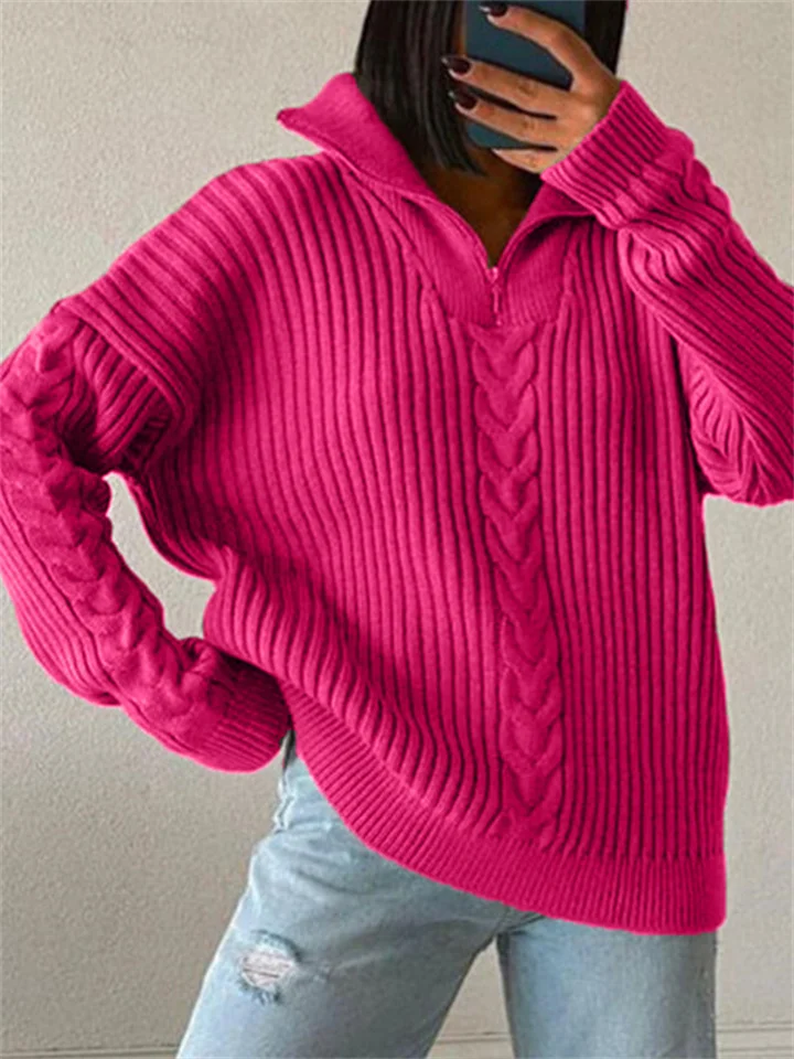 Polo Neck Loose Casual Solid Color Knit Zip-up Pullover Sweater
