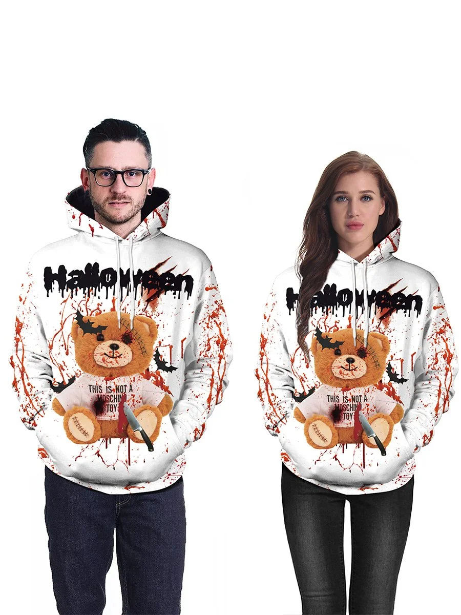 Couple Halloween Costumes 2019 Horror Blood Splashing Bear Printed Hoodie
