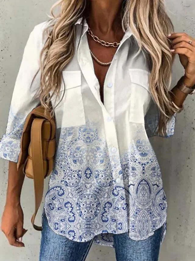 Women Casual Ethnic Autumn No Elasticity Daily Loose Long Sleeve Regular X-Line Blouse