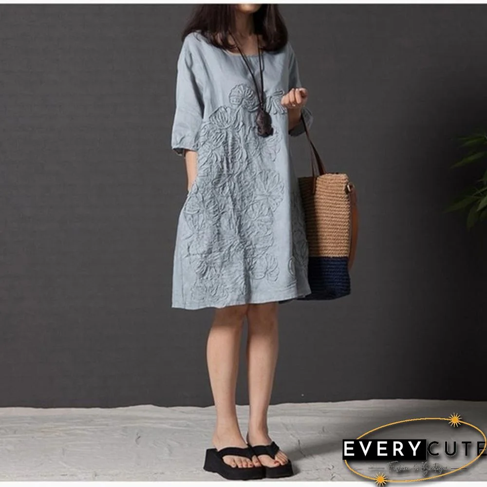 Women Fashion Summer Style T -shirt Loose Cotton Embroidered Casual Dress Plus Size Ladies Linen Dress