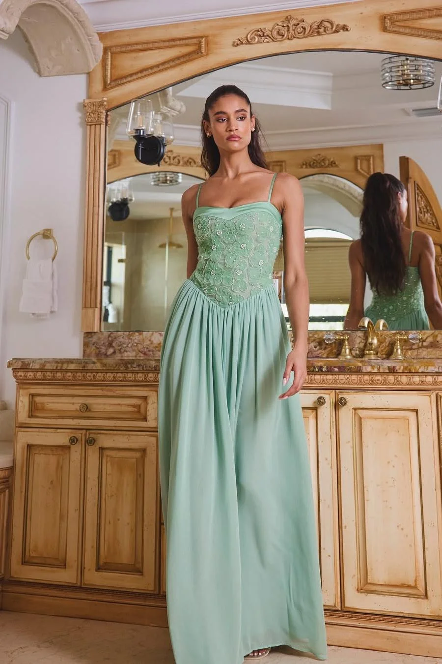 Miabel Elegant Dusty Sage Chiffon Sleeveless Spaghetti Strap Long Prom Dress with Appliques  