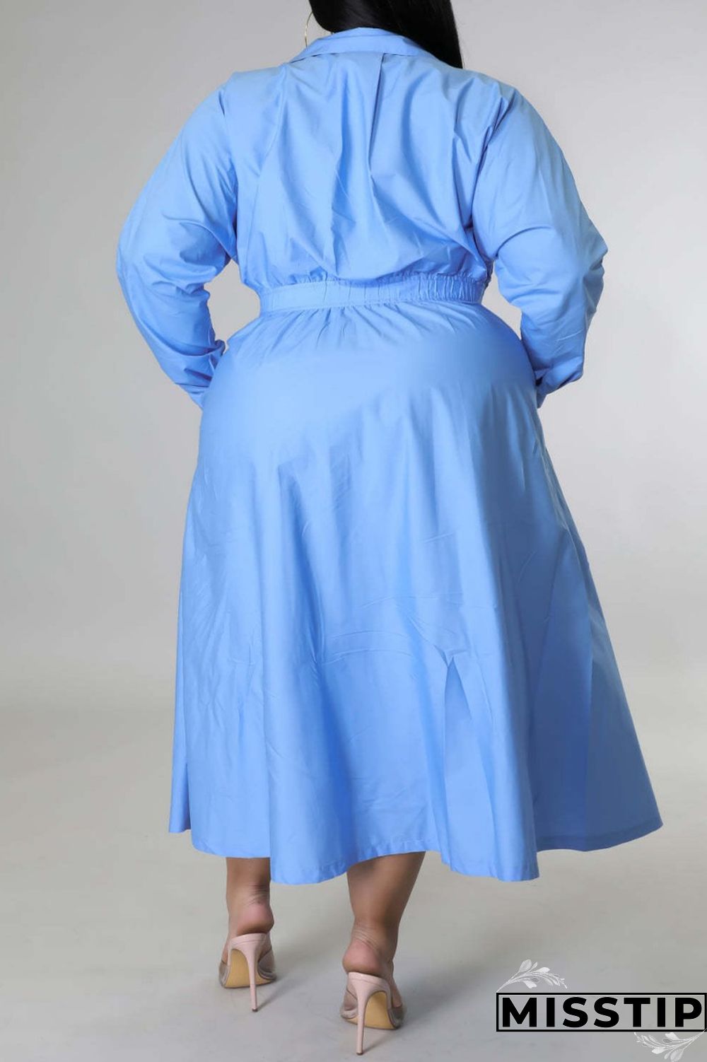 Blue Casual Solid Patchwork Turndown Collar Shirt Dress Plus Size Dresses