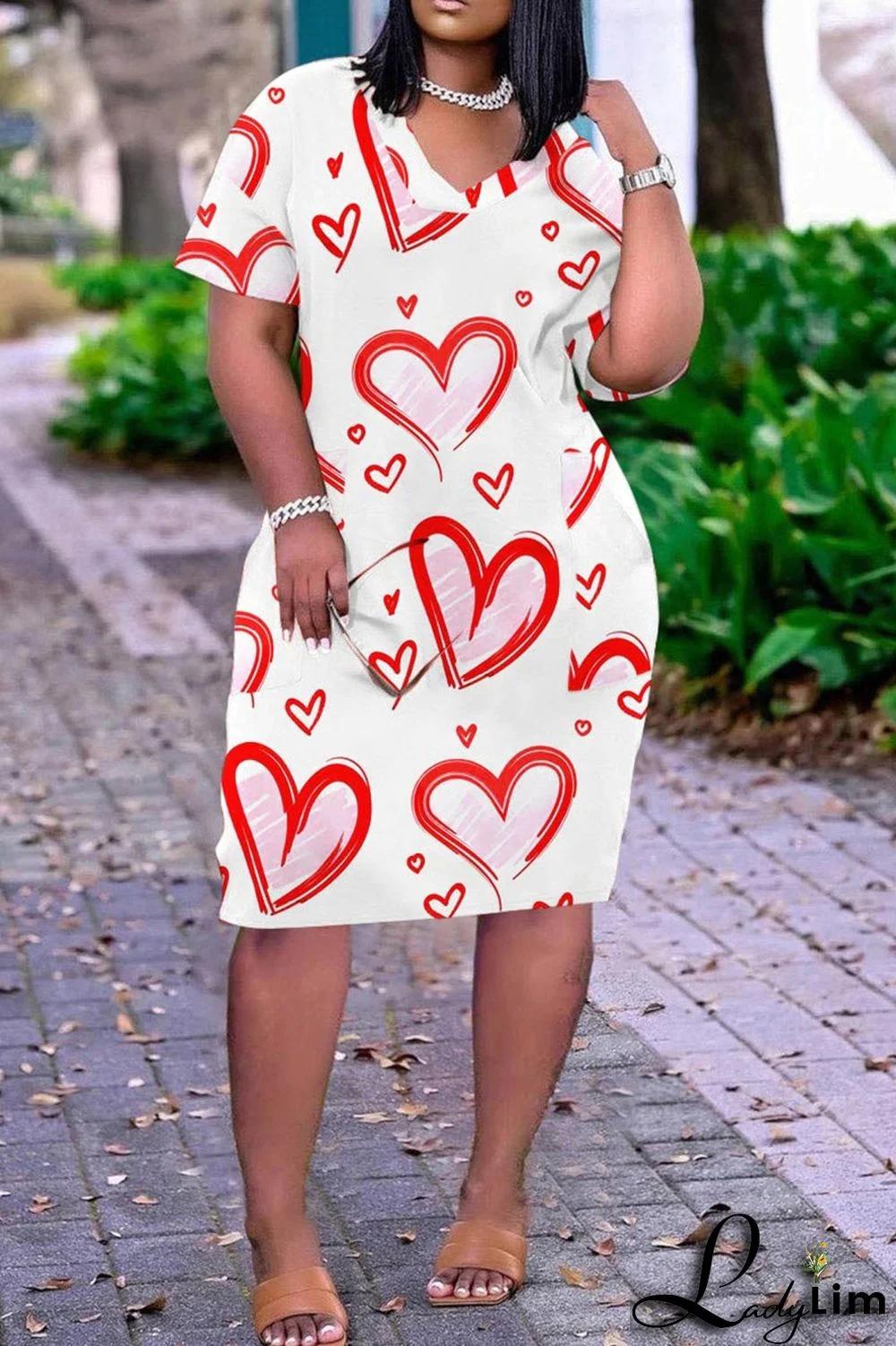 White Pink Fashion Casual Plus Size Print Split Joint V Neck Short Sleeve Dress