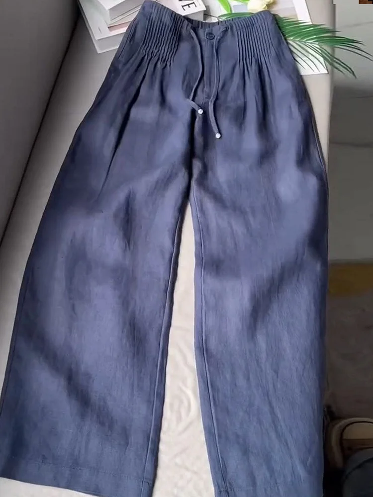 Women's Solid Color Pleated Drawstring Casual Cotton and Linen Wide Leg Pants