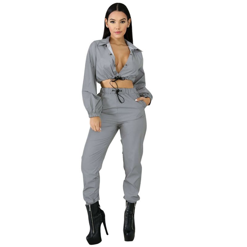 Women Tracksuit Zip Reflective Light Jackets&Shorts Two Pieces Set Or Jumpsuit Clubwear Festival Clothes Plus Size