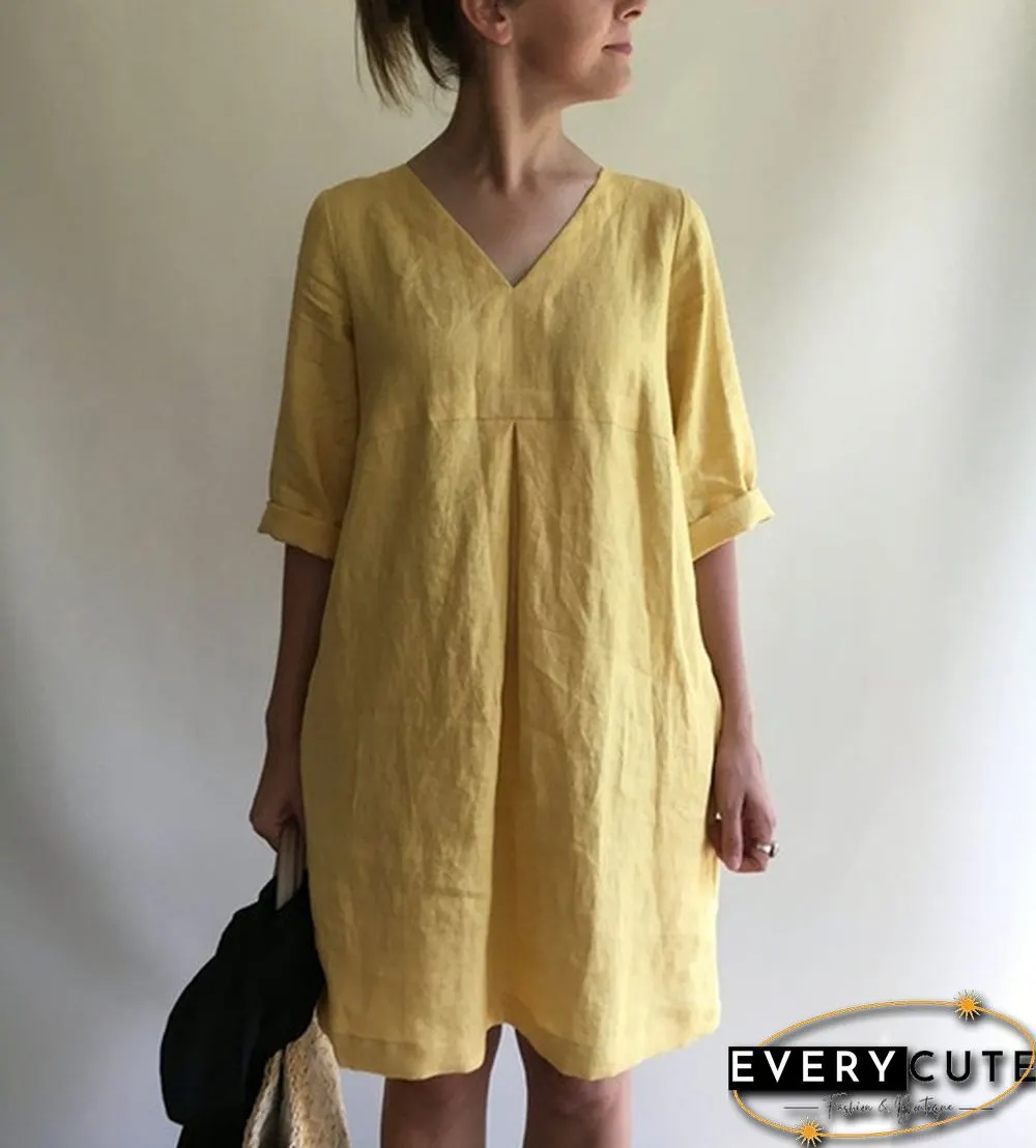 Women's Fashion Loose Tunic Dress Casual V-neck Solid Color Dress Boho Dress