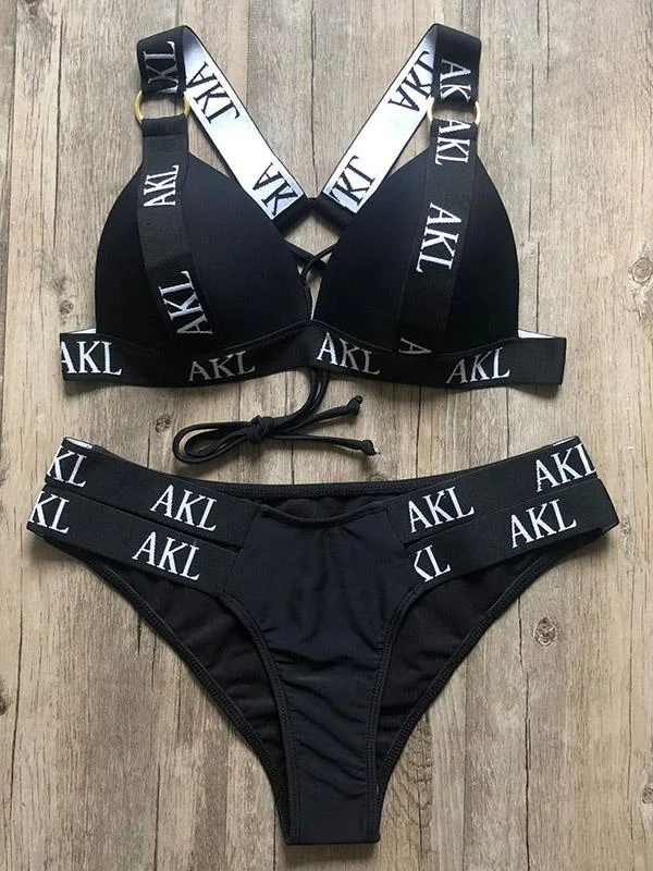 Letter Print Gathered Bikini Swimsuit