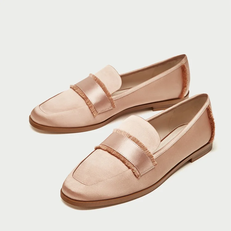 Blush Satin Loafers for Women Cute Round Toe Flats with Fringe |FSJ Shoes