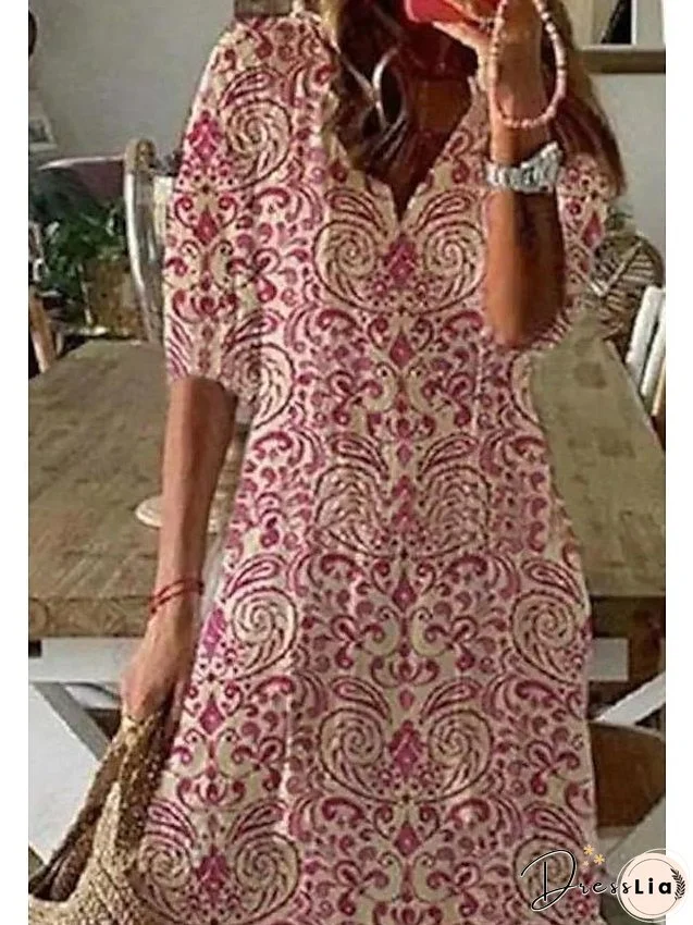 Women's A Line Dress Maxi Long Dress Pink Half Sleeve Floral Ethnic Tribe Print Ruched Summer Spring Dress V Neck