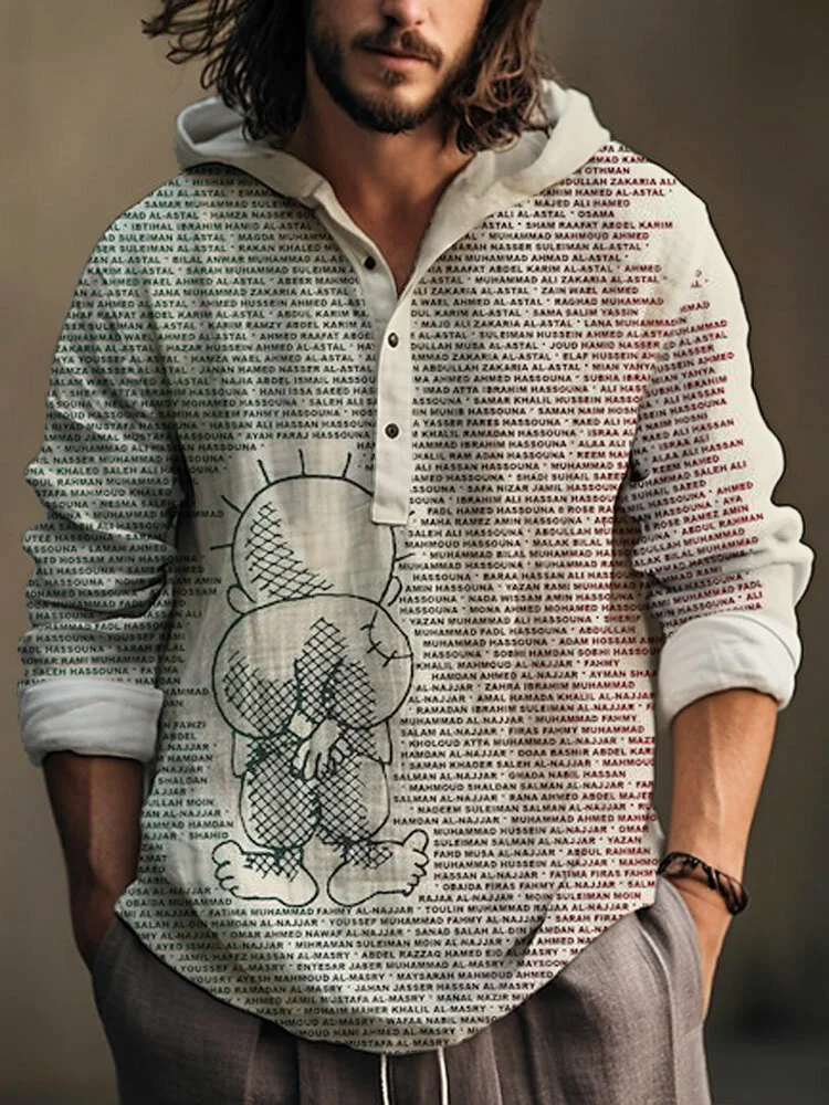 Free Palestine Print Linen Hooded Shirt