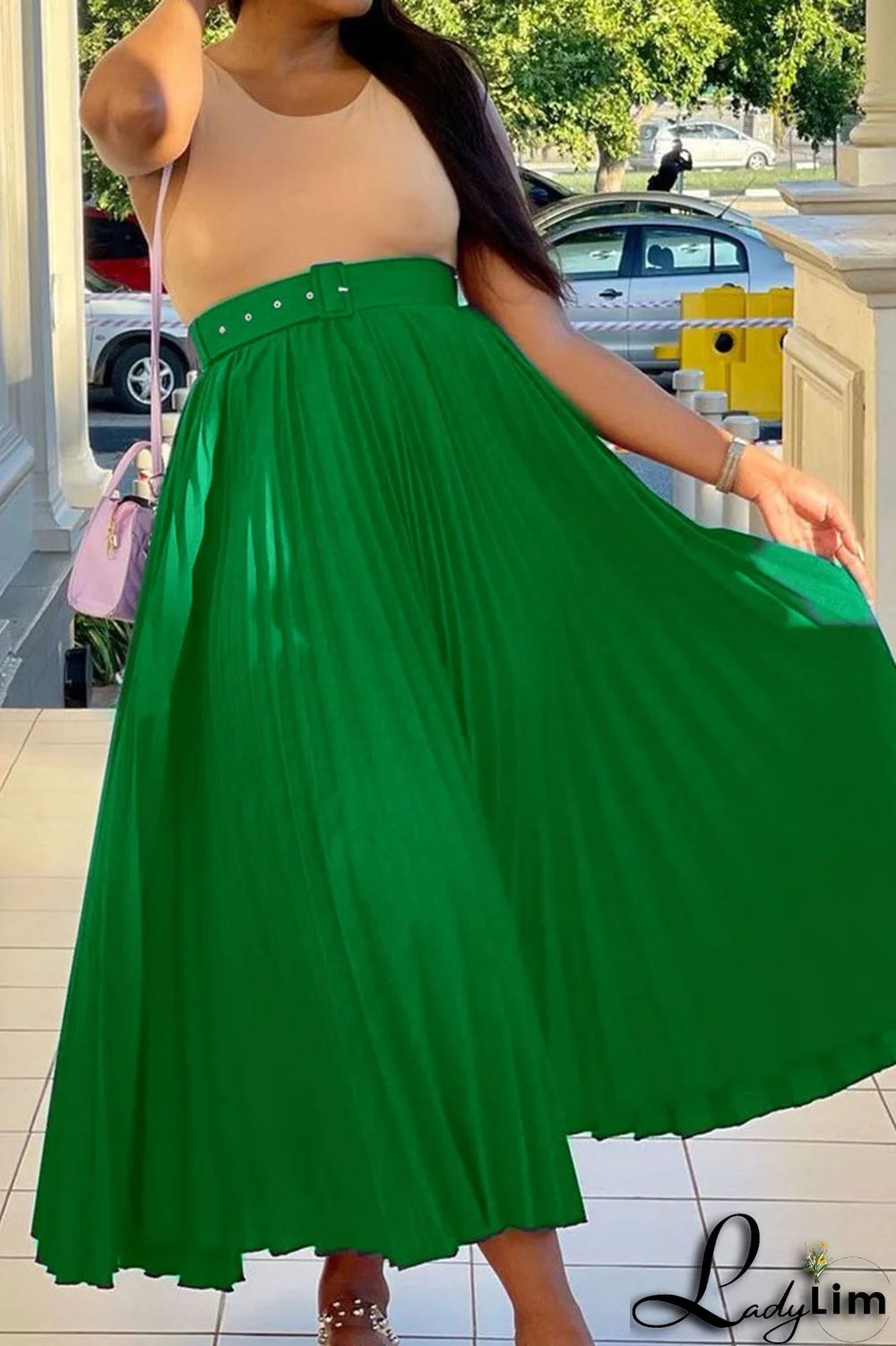 Green Casual Solid Patchwork Fold With Belt Loose High Waist Straight Solid Color Bottoms