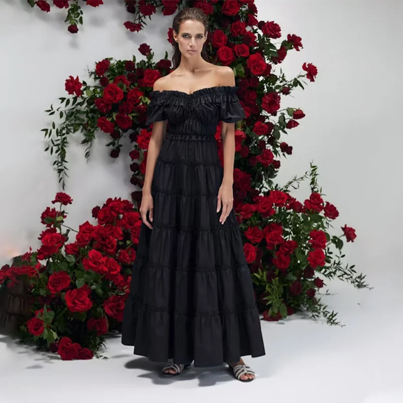 Zingj Spring 2025 New Fashion Temperament Shoulder Lotus Leaf Side Fold Splicing Design Long Women's Dress Dress