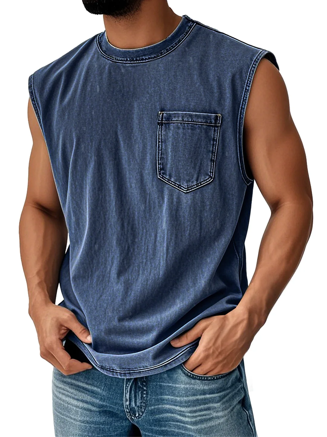 Men's Vintage Distressed Casual Round Neck Pocket Solid Color Sleeveless Vest
