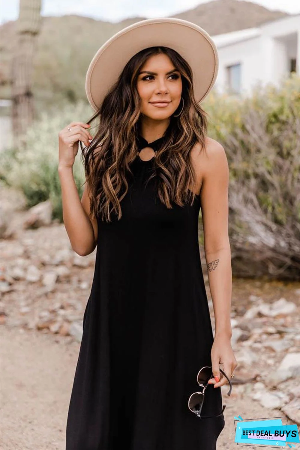 Off-The-Shoulder Casual and Comfortable Long Pocket Dress with Hanging Neck