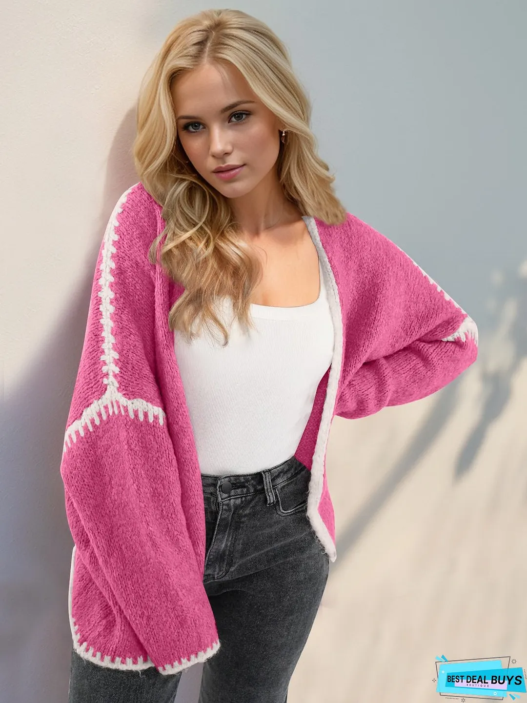 Double Take Contrast Open Front Dropped Shoulder Cardigan
