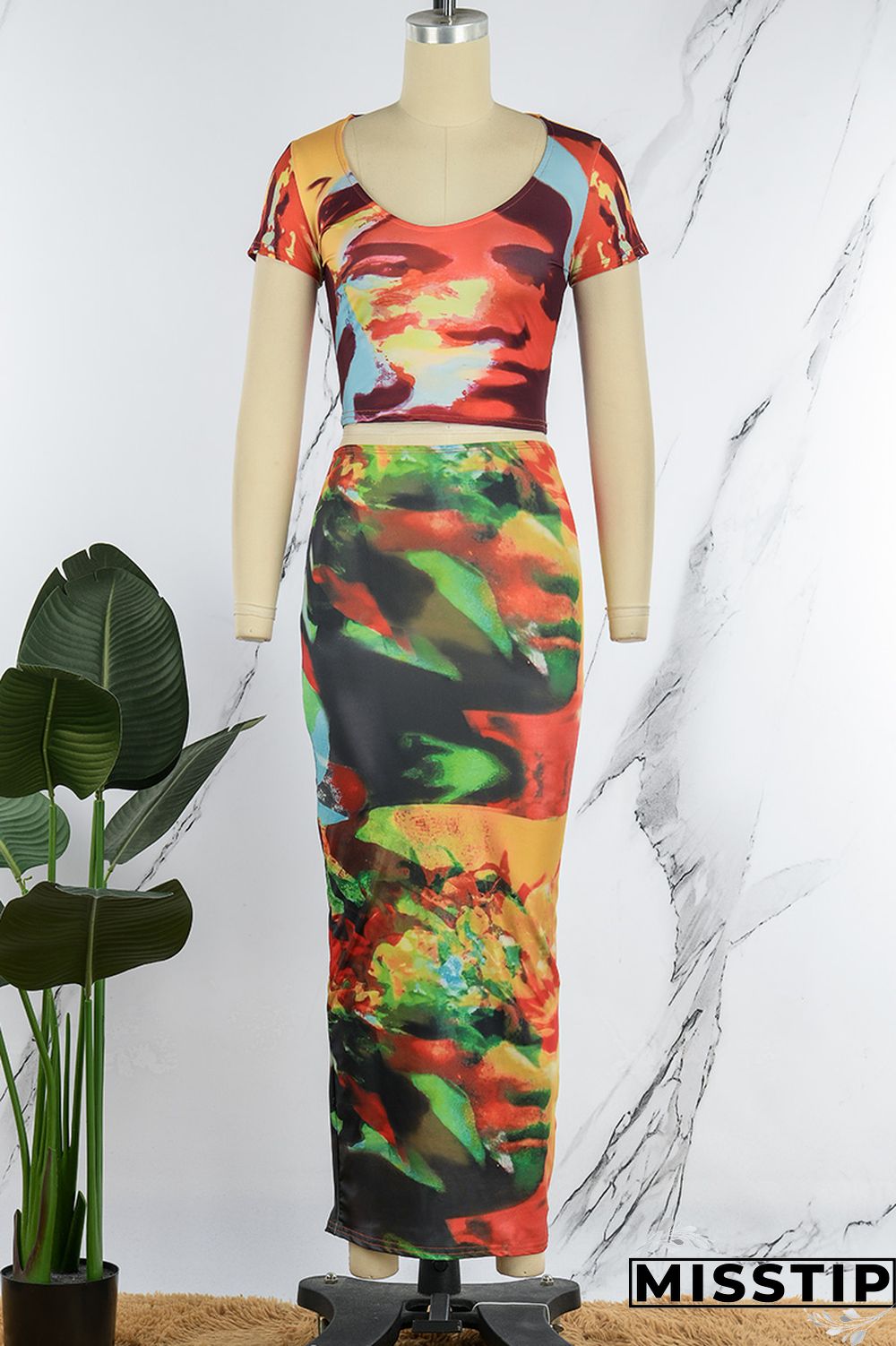 Colour Sexy Print Basic O Neck Short Sleeve Two Pieces
