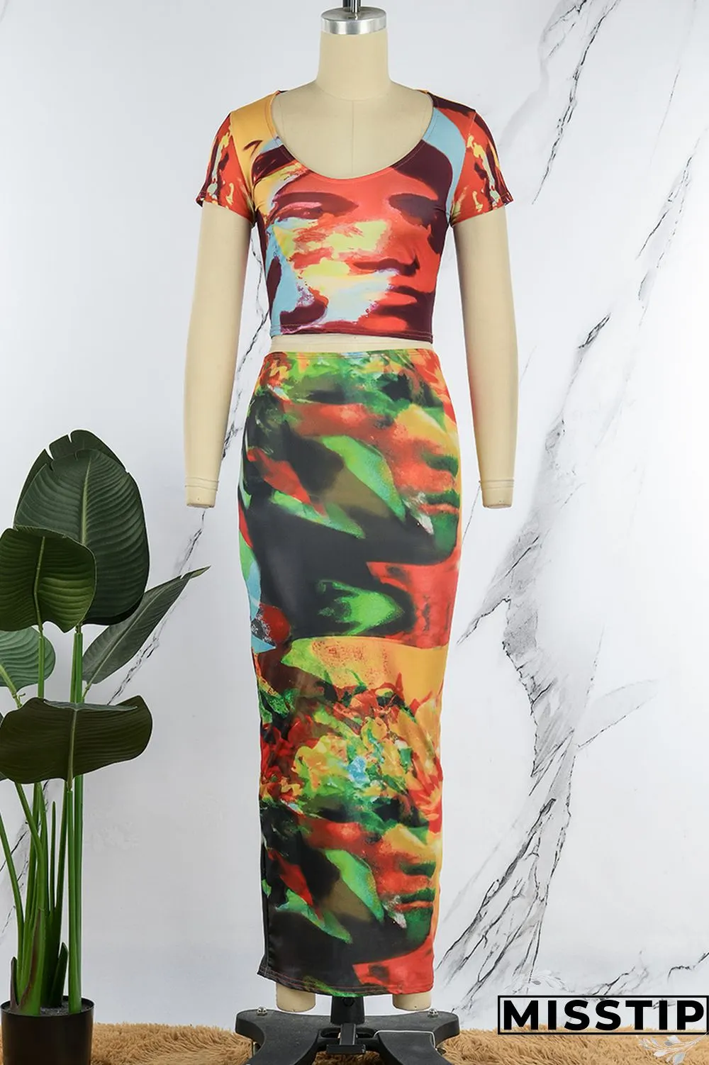 Colour Sexy Print Basic O Neck Short Sleeve Two Pieces