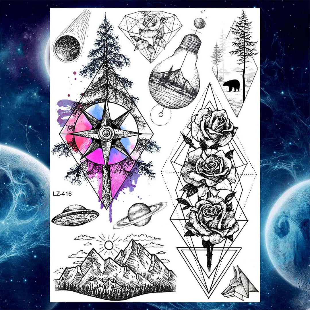 Flower Temporary Tattoos For Women Adult Girls Rose Geometry Tattoos Sticker Fake Moon Peony Large Black Floral Tatoos Supplies