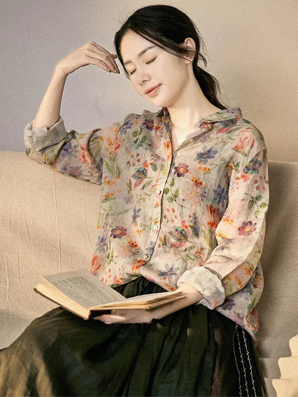 Vintage Loose Floral Printed Long Sleeves Blouse