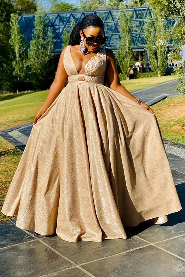 Xpluswear Plus Size Gold Formal Glitter V Neck Cut Out Maxi Dresses 