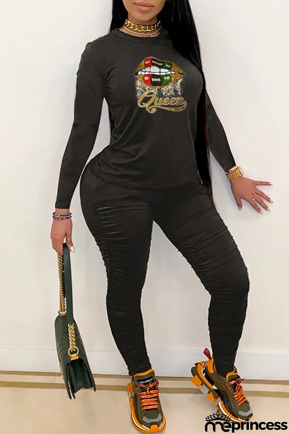 Burgundy Fashion Casual Print Fold O Neck Long Sleeve Two Pieces