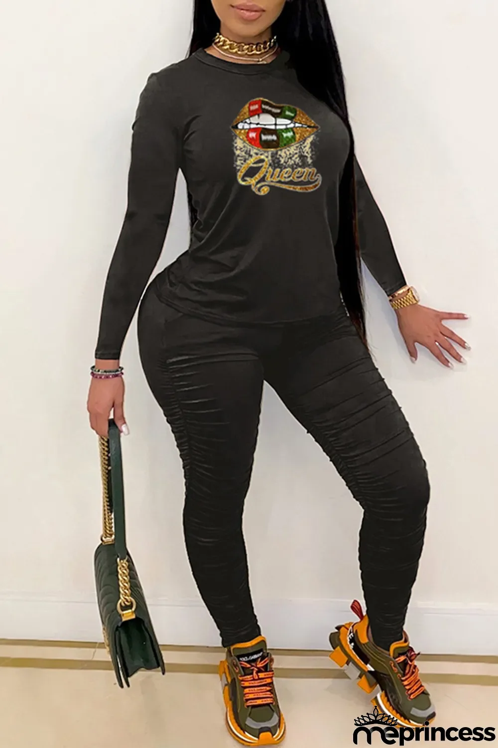 Burgundy Fashion Casual Print Fold O Neck Long Sleeve Two Pieces