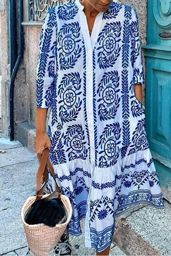 Womens Temperament Blue And White Porcelain Dress-Allyzone-Allyzone