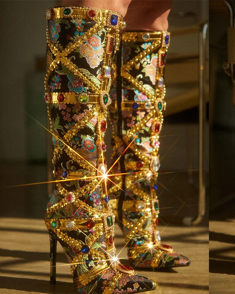 Rhinestone Decor Luxe Patchwork Floral Jacquard Boots