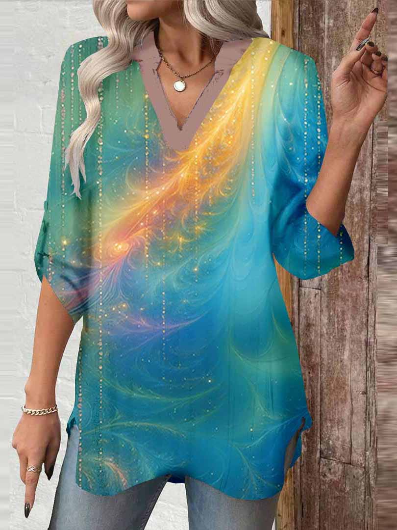 Women Glitter,Floral,Green DZGA0003 3/4 Sleeve V-neck Printed Graphic Button Tops