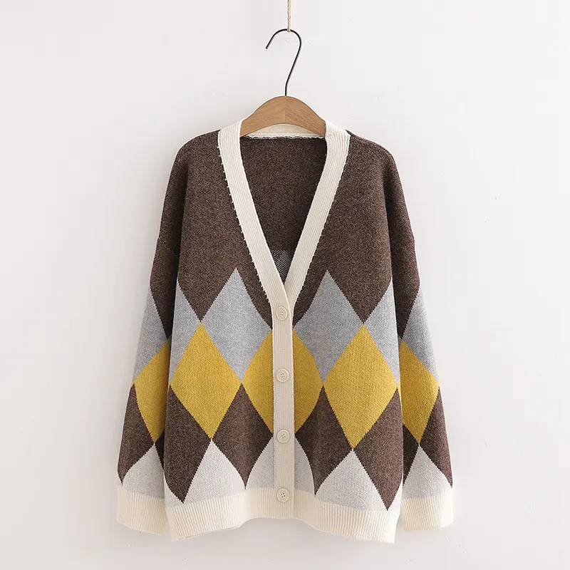Color Block Argyle V Neck Button Knit Cardigan