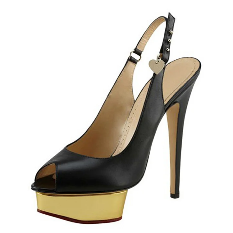 Black Satin Platform Heels Peep Toe Stiletto Slingback Pumps |FSJ Shoes