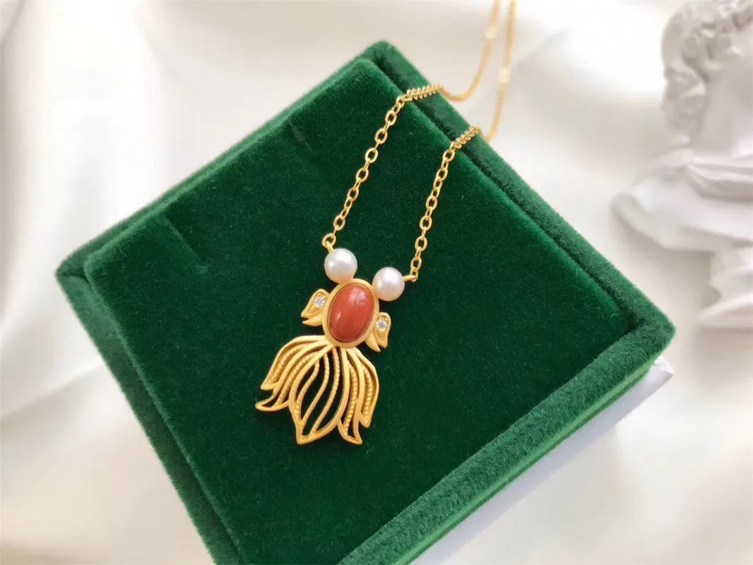 Cute Goldfish Red Agate Pearl Lucky Chain Necklace Earrings Set