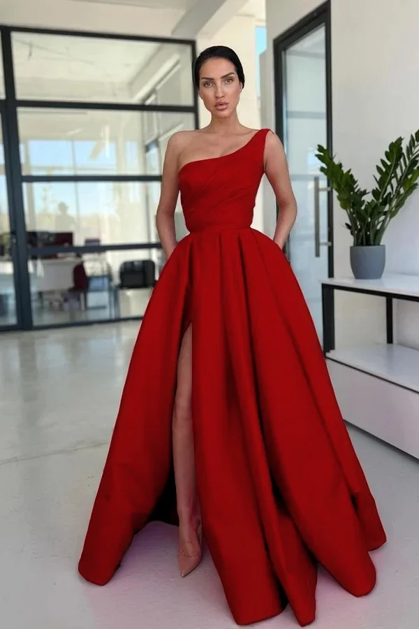 strapless open back dress One Shoulder Hot Pink Tulle Long Prom Dress with High Slit, Long Hot P –  abcprom main image 0