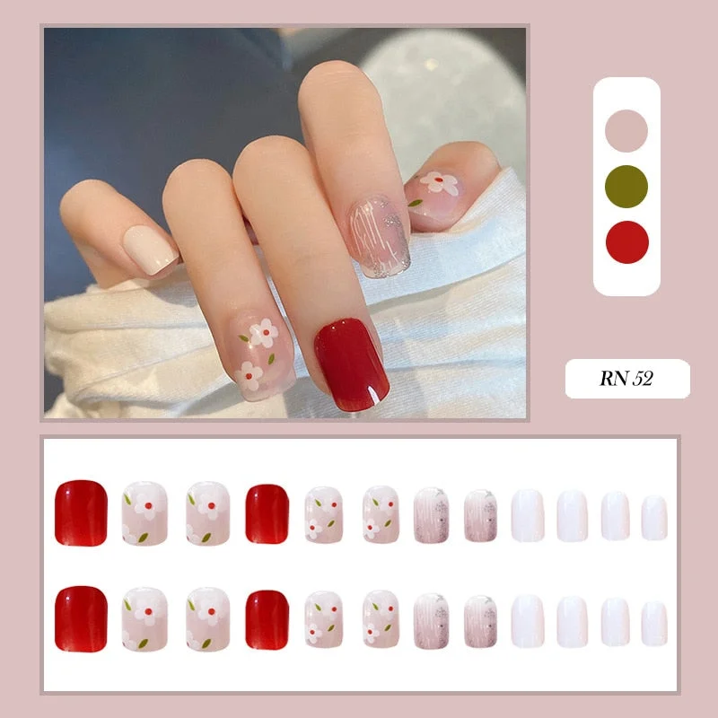 24pcs/box fake short nails with glue round head Finished Nails Manicure Patches Strawberry Patches press on nails with designs-Nail Inspo