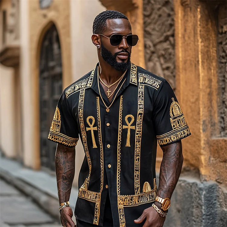 Men's Ankh Ancient Egyptian Golden Embroidered Linen Shirt