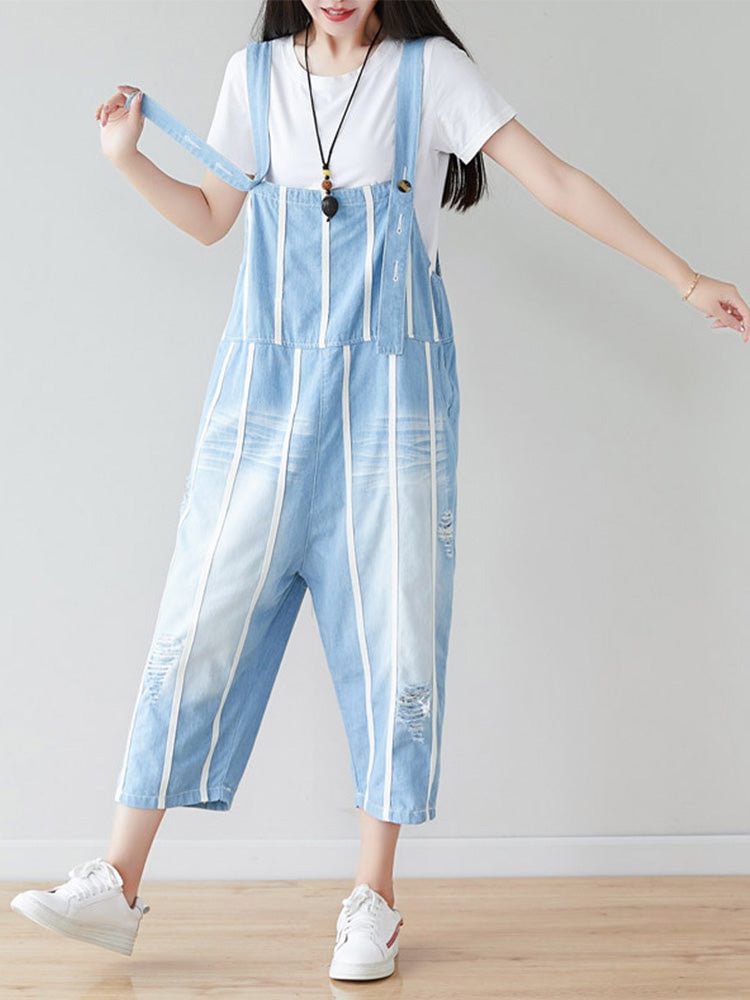 White and Blue Lining Watery Overall Dungarees