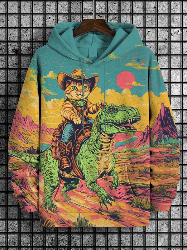 Men's Cowboy Cat And Dinosaur Art Print Hooded Sweatshirt