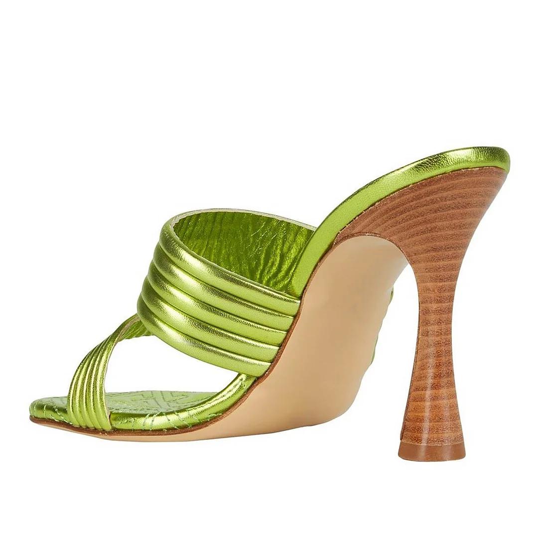 Metallic Lime Green Vegan Leather Square Toe Women's Mules Shoes