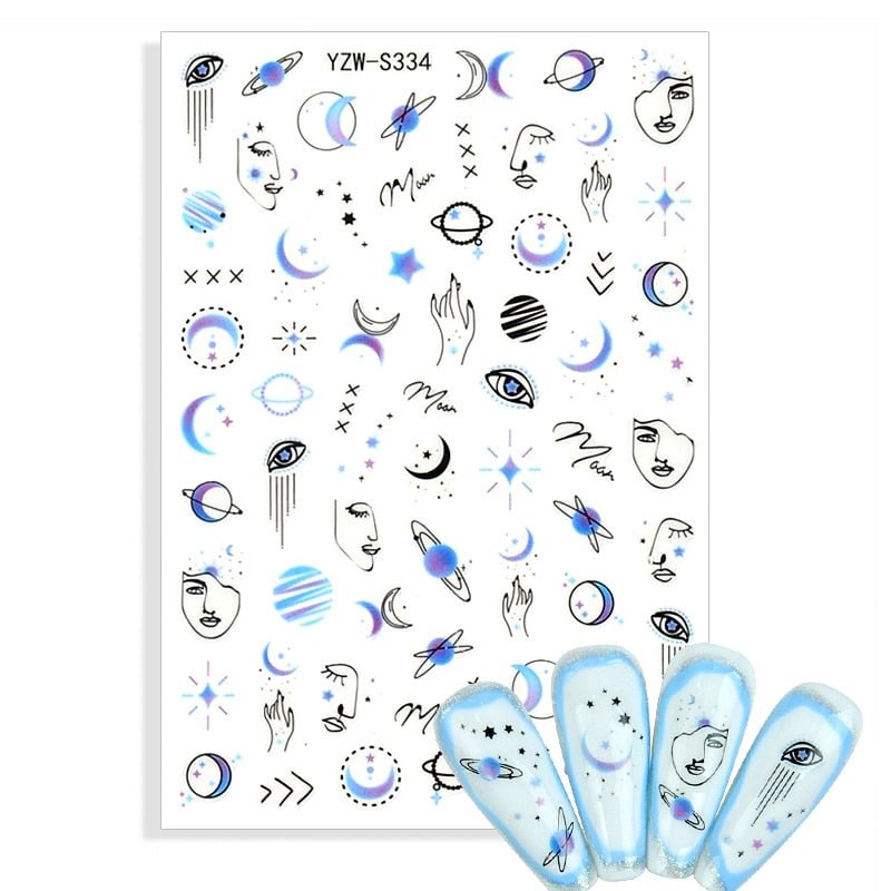 Planet Moon 3D Stickers for Nails Abstract Line Face Nail Art Decoraciones Self Adhesive Nail Sliders Decals Manicure Foil Tips