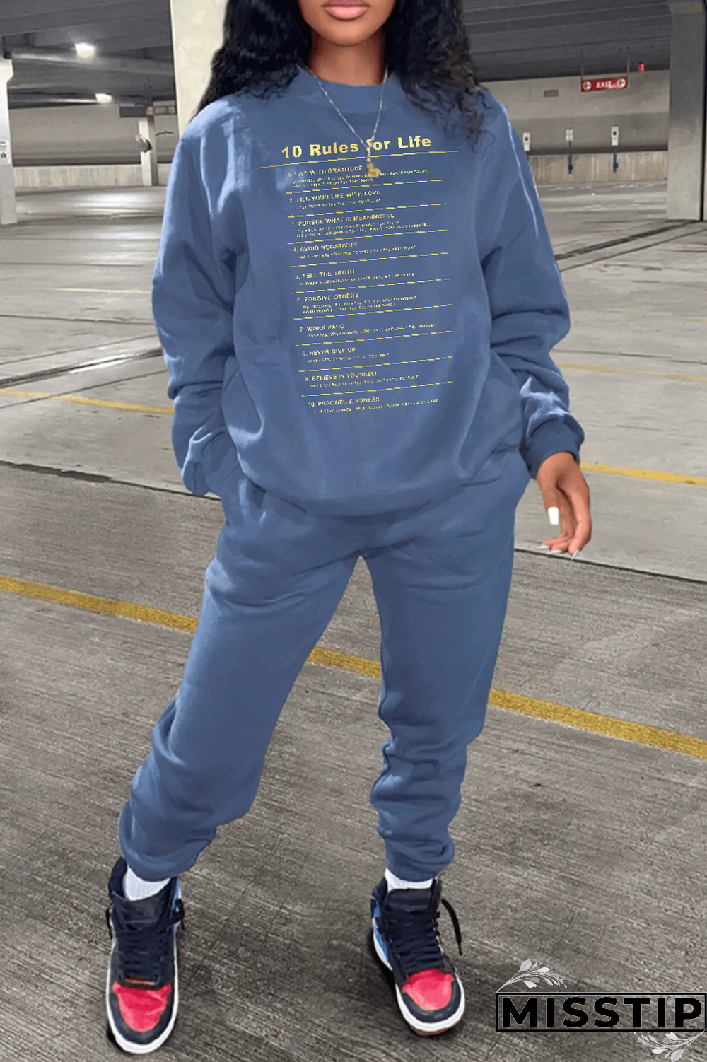 Blue Street Print Letter O Neck Tops