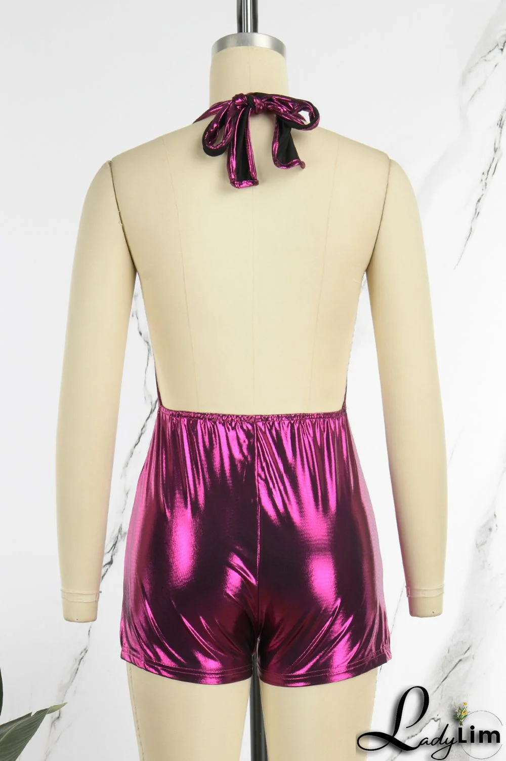 Fuchsia Sexy Solid Patchwork Backless Halter Skinny Jumpsuits