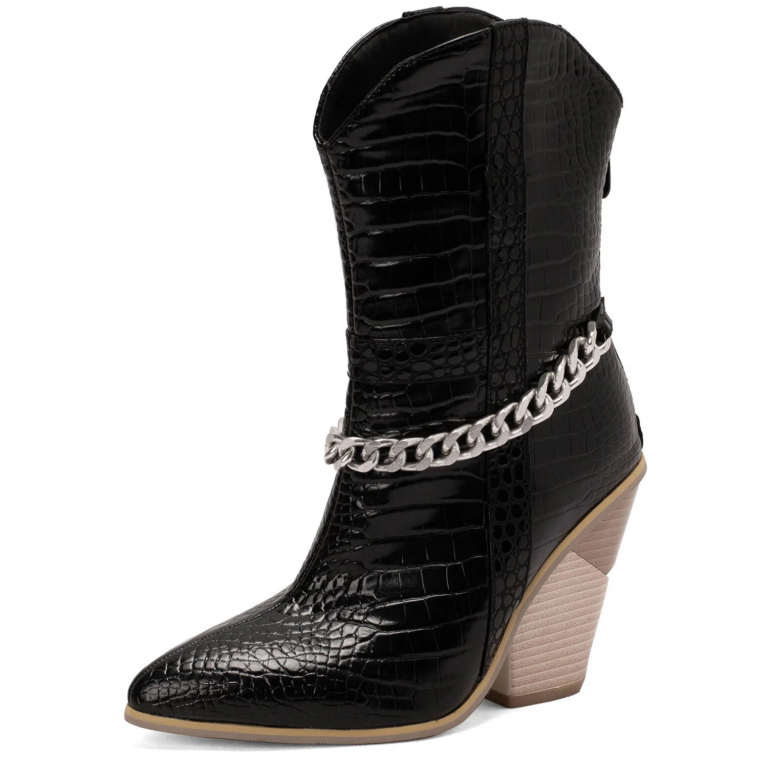 TAAFO Women's Chain Ankle Boots Pointed Toe High Heel Chunky Heel Zipper Ankle Boots Plus Size 45 46 Women's 