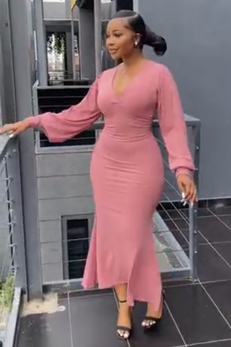 Deep V Neck Lantern Sleeve Bodycon Fishtail Hem Plain Midi Dresses-Pink