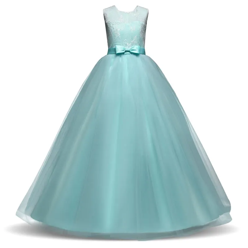 New Princess Lace Dress Kids Flower Embroidery Dress For Girls Vintage Children Dresses For Wedding Party Formal Ball Gown 14T