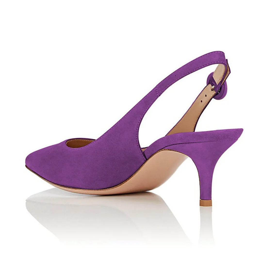Purple Closed Pointed Toe Buckle Kitten Heel Pumps with Slingback