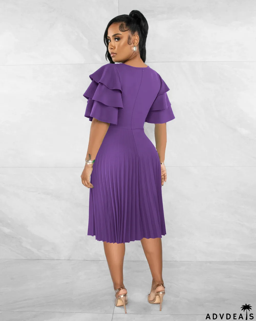 Summer Women Round Neck Ruffle Short Sleeve Pressed Pleated Dress