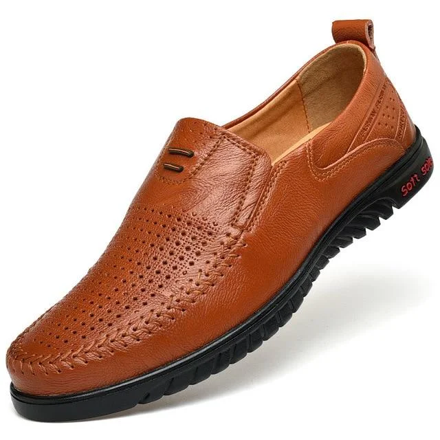 New Openwork Men Black Loafer perforated Shoes Leather flats driving shoes business men's shoes