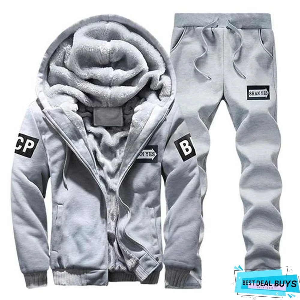 Men Fleece Warm Printed Coat Hooded Pullover Hoodie Sweatshirts Sweatpants Suit