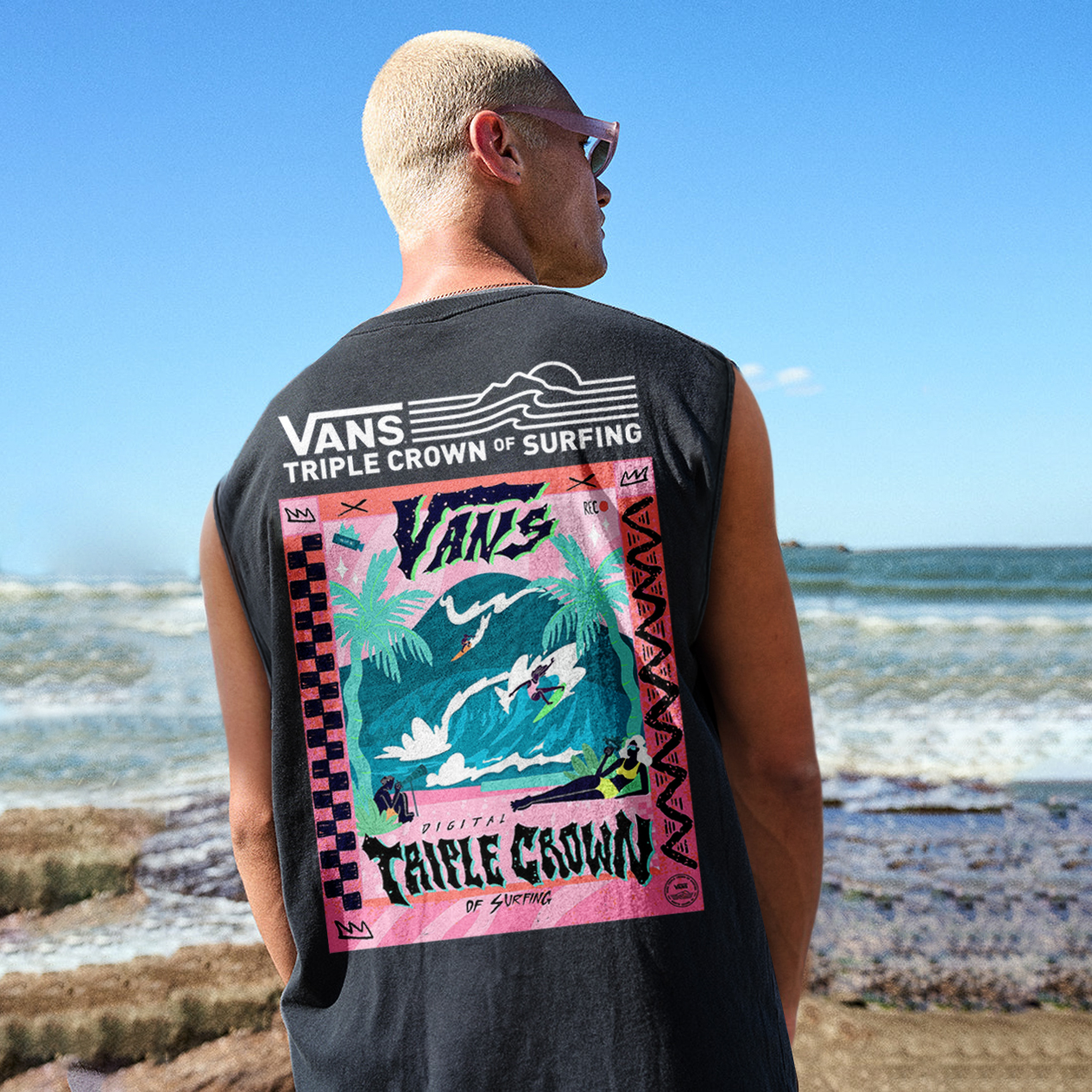 Vintage Unisex Oversized Sleeveless T-shirt Seaside Holiday Surfing Print Vest / TECHWEAR CLUB / Techwear
