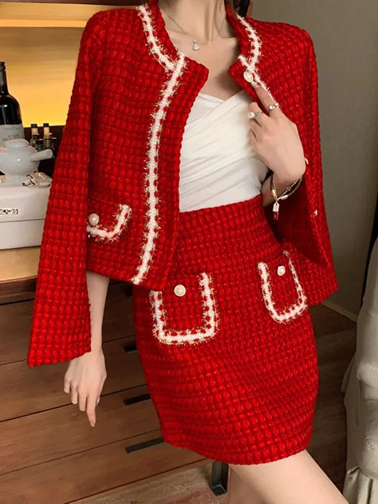 Huiketi Winter Fashion Plaid Red Tweed Two Piece Set Women Pearls Single Breasted Fringed Woolen Jackets Coat + Pocket Mini Skirt